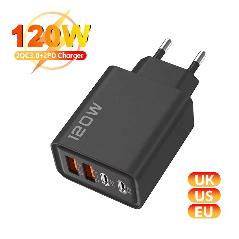 Adattatore caricabatterie da parete USB PD da 120 W con 2 porte USB tipo 2 per Xiaomi,iPhone e Samsung e tanti altri